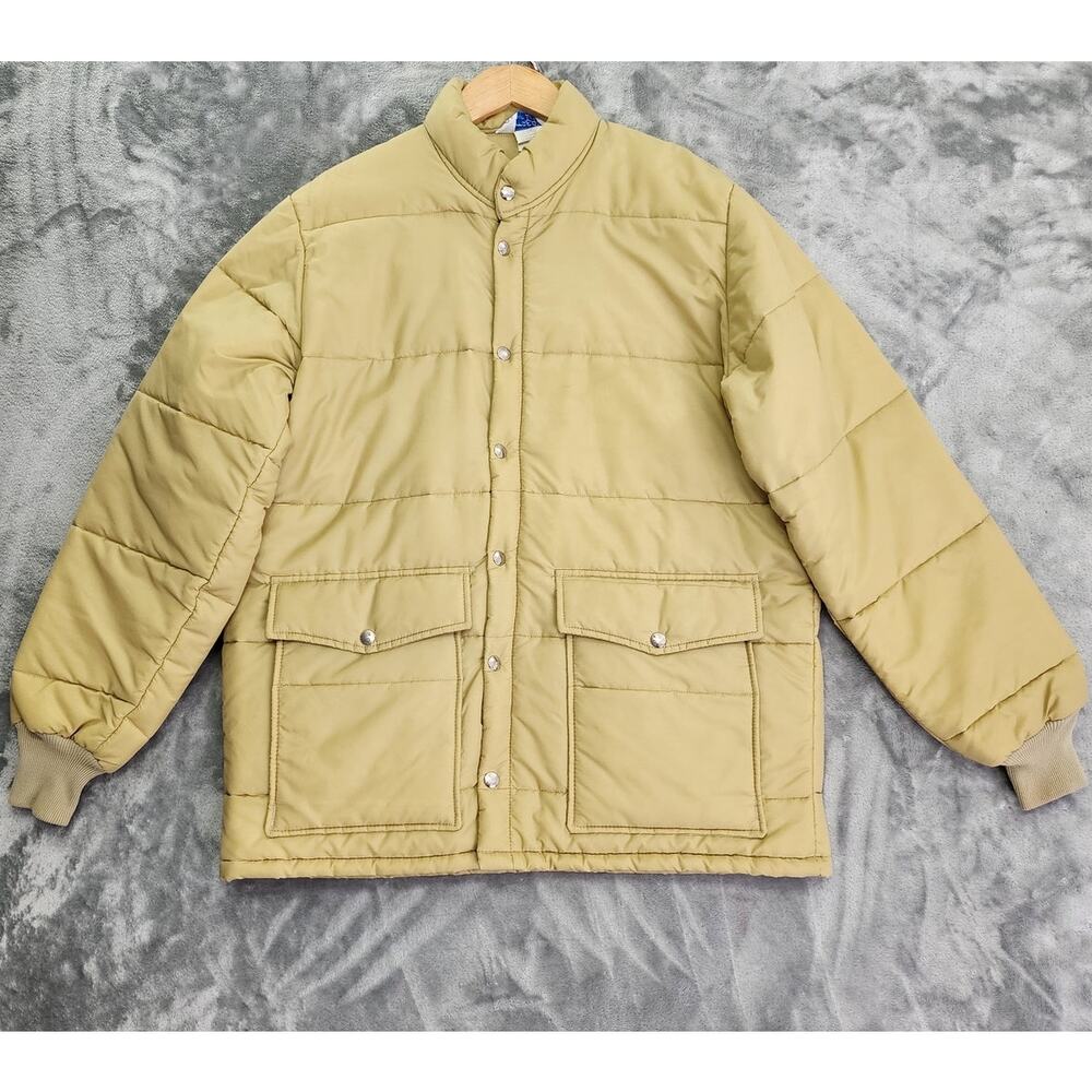 Vintage 70s Upstream Premium Division Puffer Coat Mens L Beige Full Zip Snap